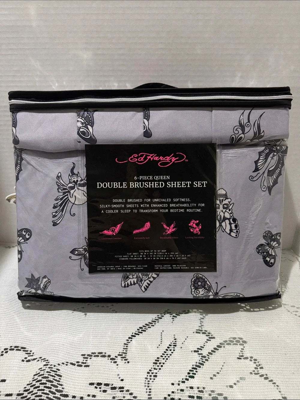Ed Hardy Queen Size Lavender Purple 6 Piece Bed Sheet Set Butterfly Skull Floral